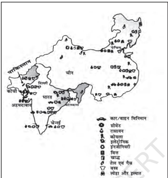 चित्र 8.3 भारत, चीन एवं पाकिस्तान में उद्योग। (स्केल के अनुसार नहीं)