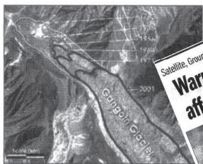 This image shows how the Gangotri glacier terminus has retracted since 1780. The contour lines are approximate. (Image by Jesse Allen, Earth Observatory; based on data provided by the ASTER Science Team)