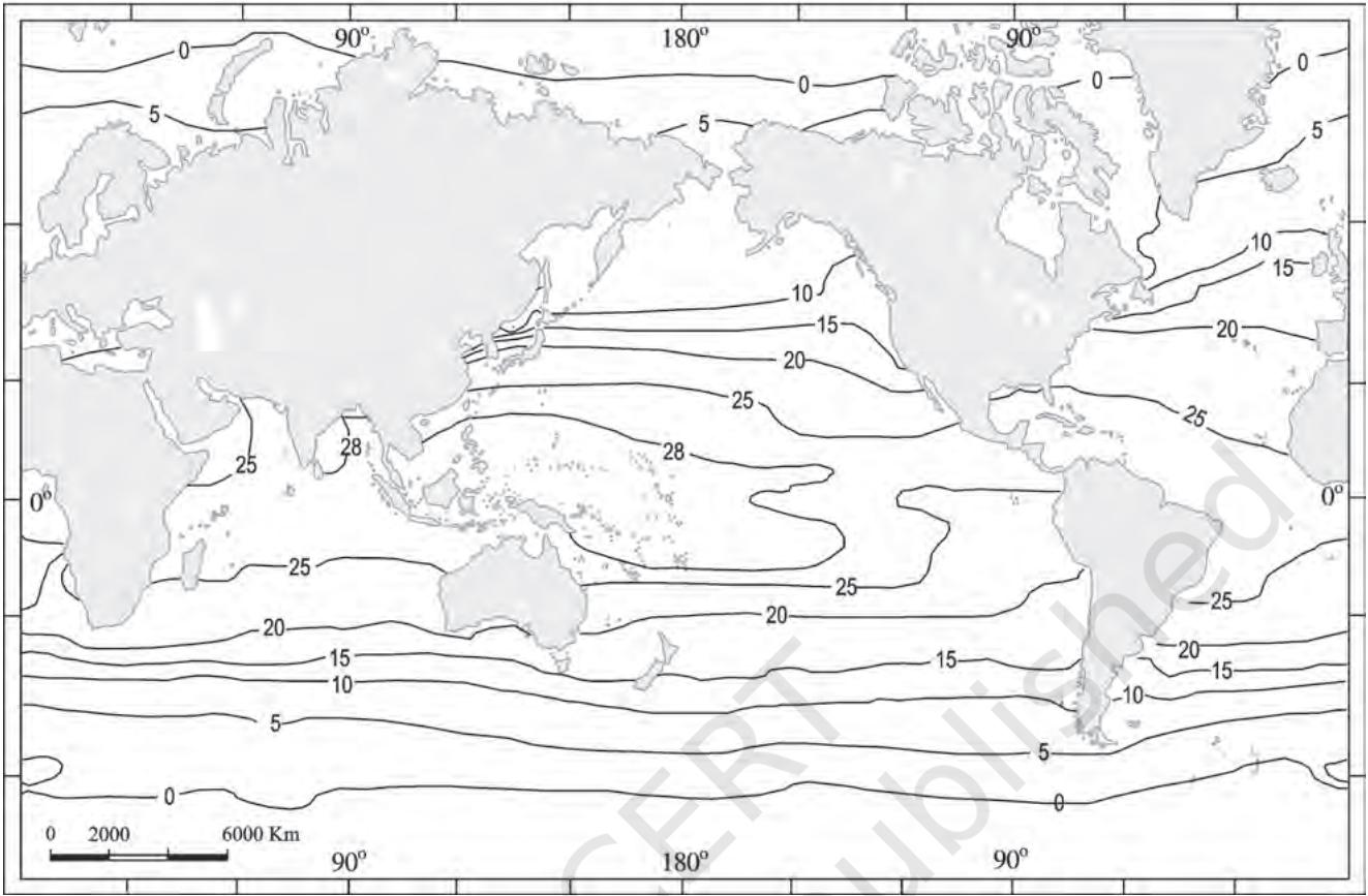 Figure 12.4 : Spatial pattern of surface temperature ( C) of the oceans