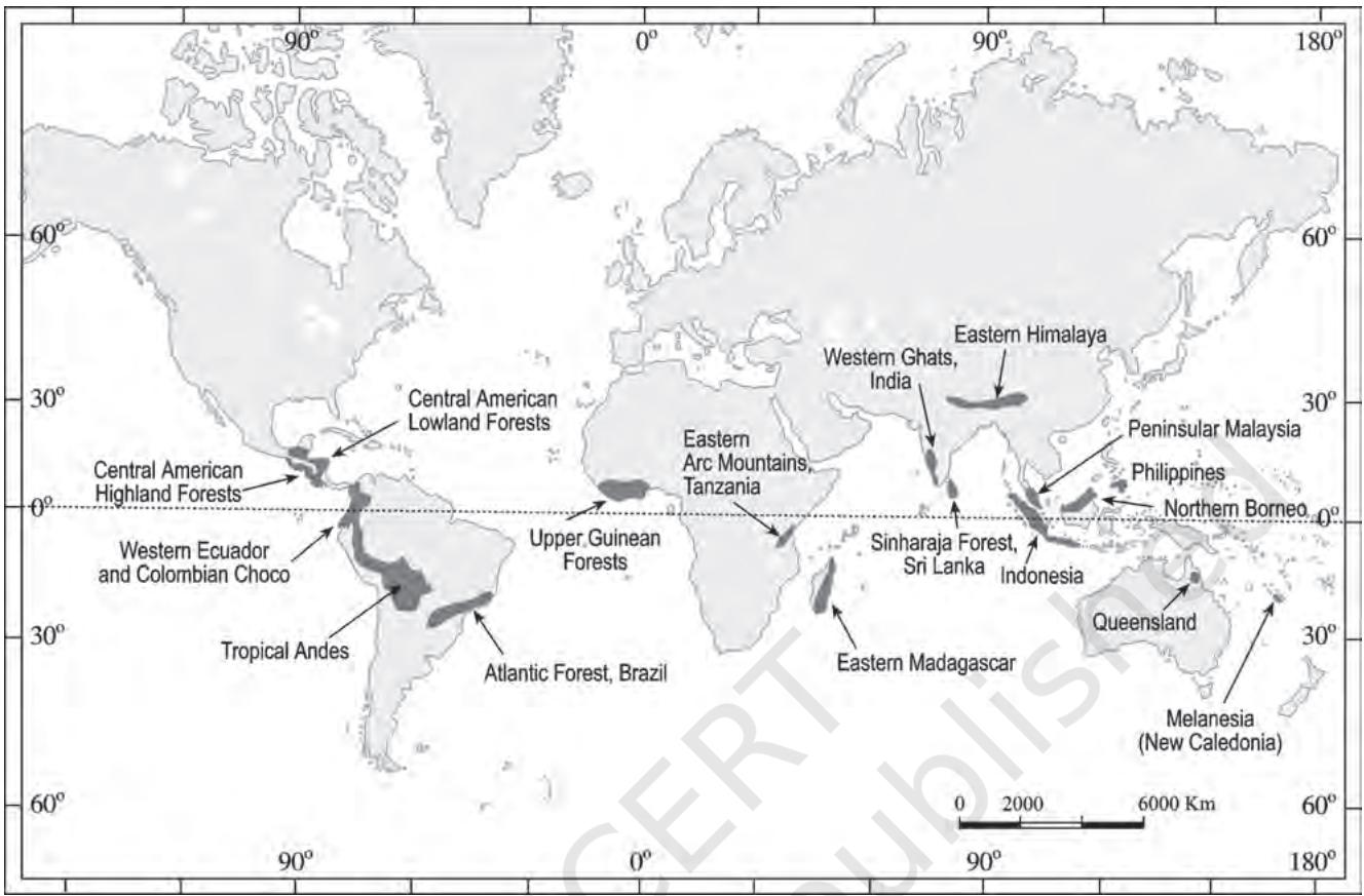 Figure 14.4 : Some ecological ‘hotspots’ in the world