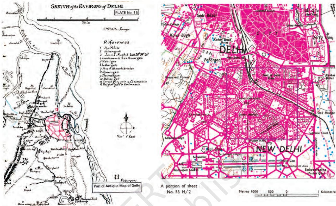 Figure 1.2 Sketch of the Environs of Delhi (Left) and a Map of Delhi (Right)