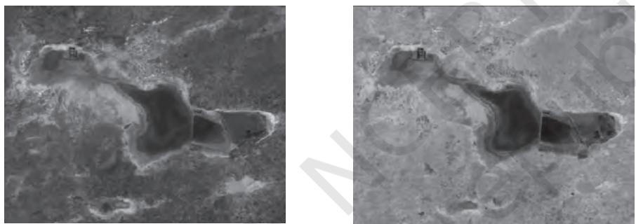 Figure 6.5 IRS 1 C Band 1 Green (Left) and Band 4 IR Images of Sambhar Lake, Rajasthan