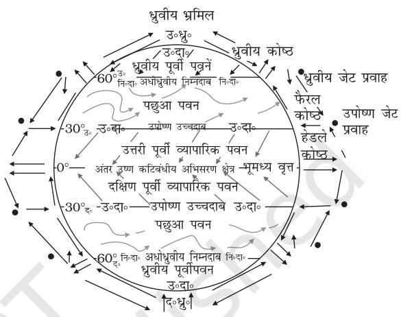 चित्र 9.6 : वायुमंडल का सरलतम सामान्य परिसंचरण