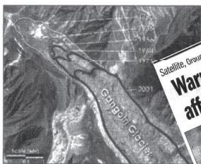 This image shows how the Gangotri glacier terminus has retracted since 1780. The contour lines are approximate. (Image by Jesse Allen, Earth Observatory; based on data provided by the ASTER Science Team)