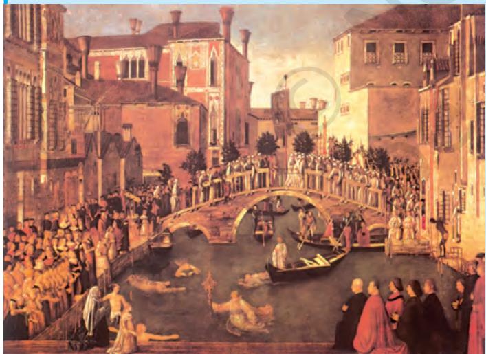 G. Bellini's 'The Recovery of the Relic of the Holy Cross' was painted in 1500, to recall an event of 1370, and is set in fifteenth-century Venice.