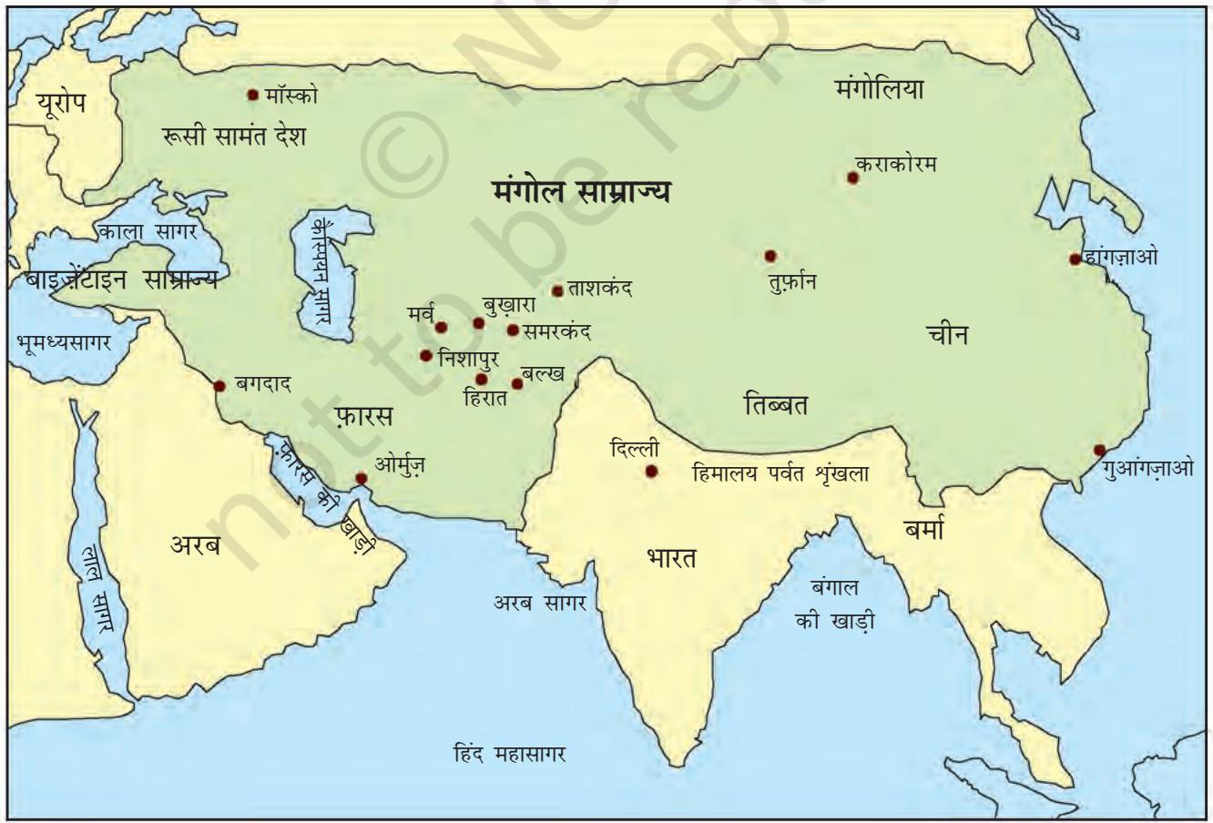 मानचित्र 1: मंगोल साम्राज्य।तेरहवीं शताब्दी के प्रारंभिक दशकों में यूरो-एशियाई महाद्वीप के महान साम्राज्यों ने मध्य-एशिया के स्टेपी-प्रदेश में एक नयी राजनैतिक शक्ति के अभ्युद्य के एक बड़े खतरे का अनुभव किया। चंगेज़ खान (मृत्यु 1227) ने मंगोलों को संगठित किया। पर चंगेज़ खान की राजनैतिक दूरदर्शिता