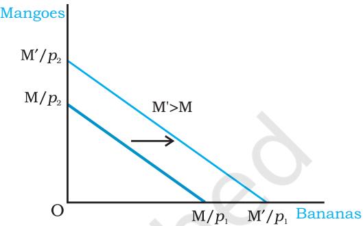 (b)Fig. 2.10Changes in the Set of Available Bundles of Goods Resulting from Changes in the Consumer's Income. A decrease in income causes a parallel inward shift of the budget line as in panel (a). An increase in income causes a parallel outward shift of the budget line as in panel (b).