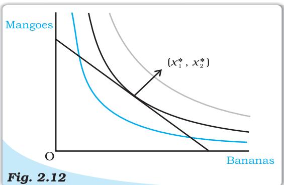 Consumer's Optimum. The point  $(x_{1}^{*}, x_{2}^{*})$, at which the budget line is tangent to an indifference curve represents the consumers
