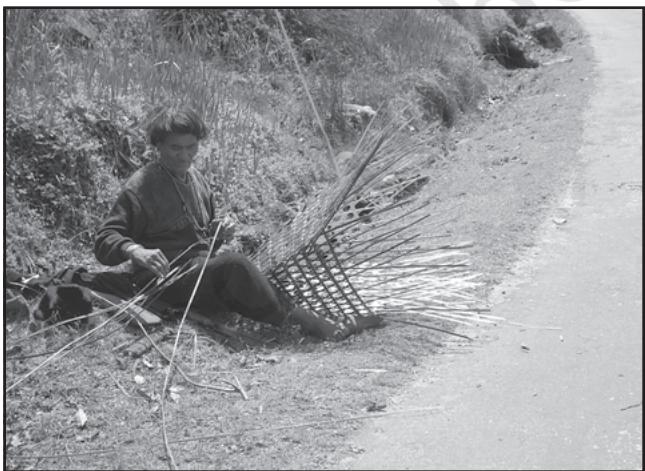 Fig. 5.2 (a): A man making pots in his courtyard-example of household industry in NagalandFig. 5.2 (b): A man weaving a bamboo basket by the roadside in Arunachal Pradesh