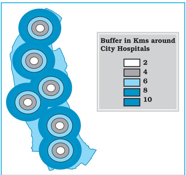 Fig. 4.13 : Buffers of Specified Distances around Hospitals