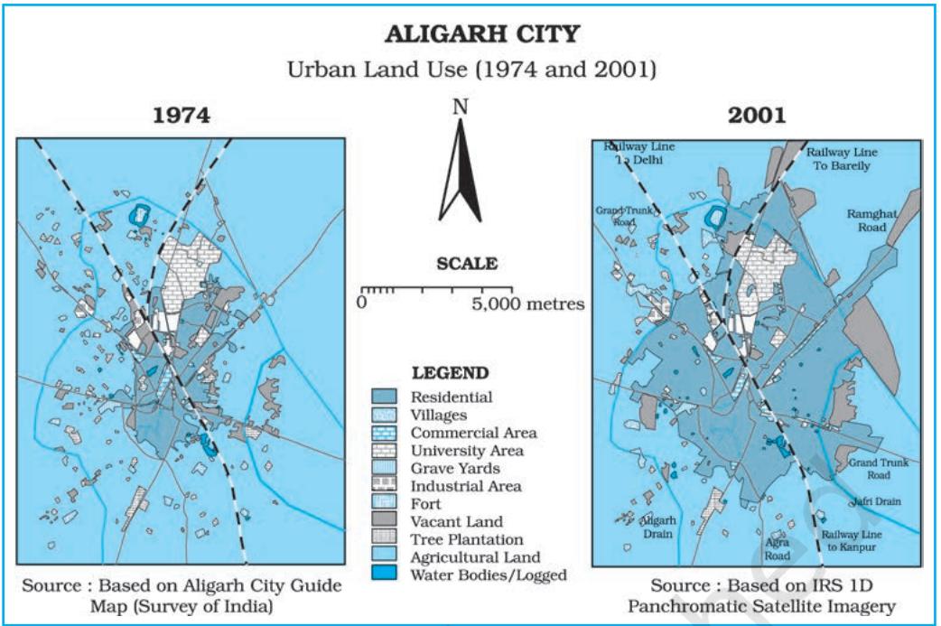 Fig. 4.8 : Urban Land Use in Aligarh City, Uttar Pradesh during 1974 and 2001
