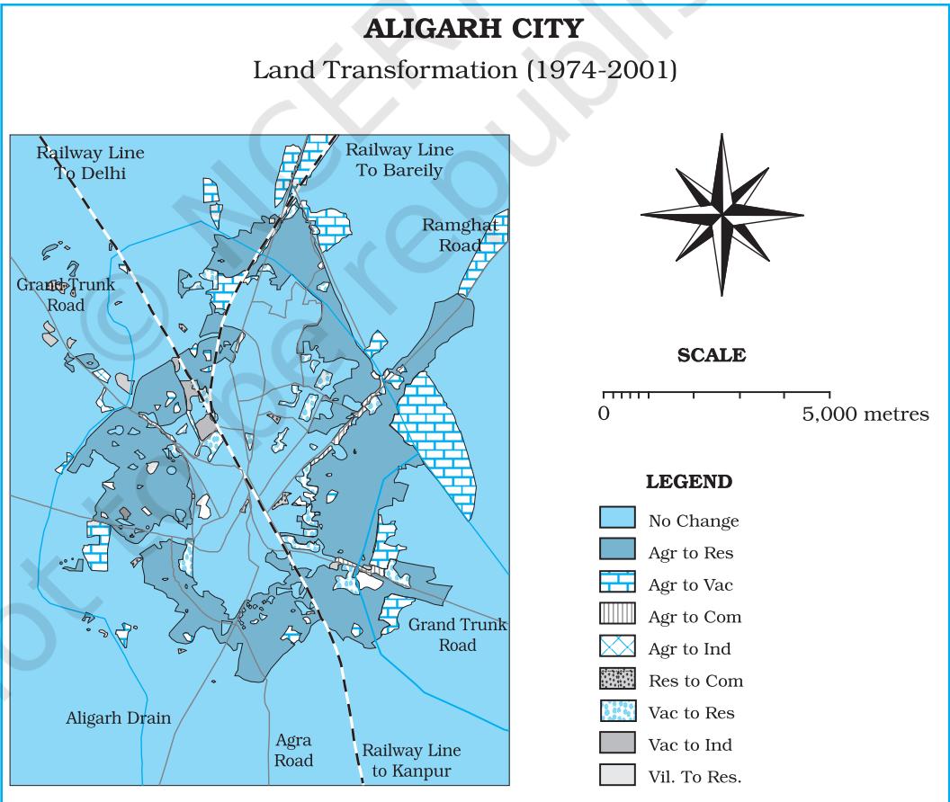 Fig. 4.9 : Urban Land Transformations in Aligarh City during 1974-2001