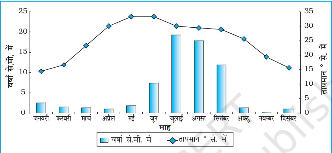 चित्र 3.5 : दिल्ली में तापमान और वर्षा