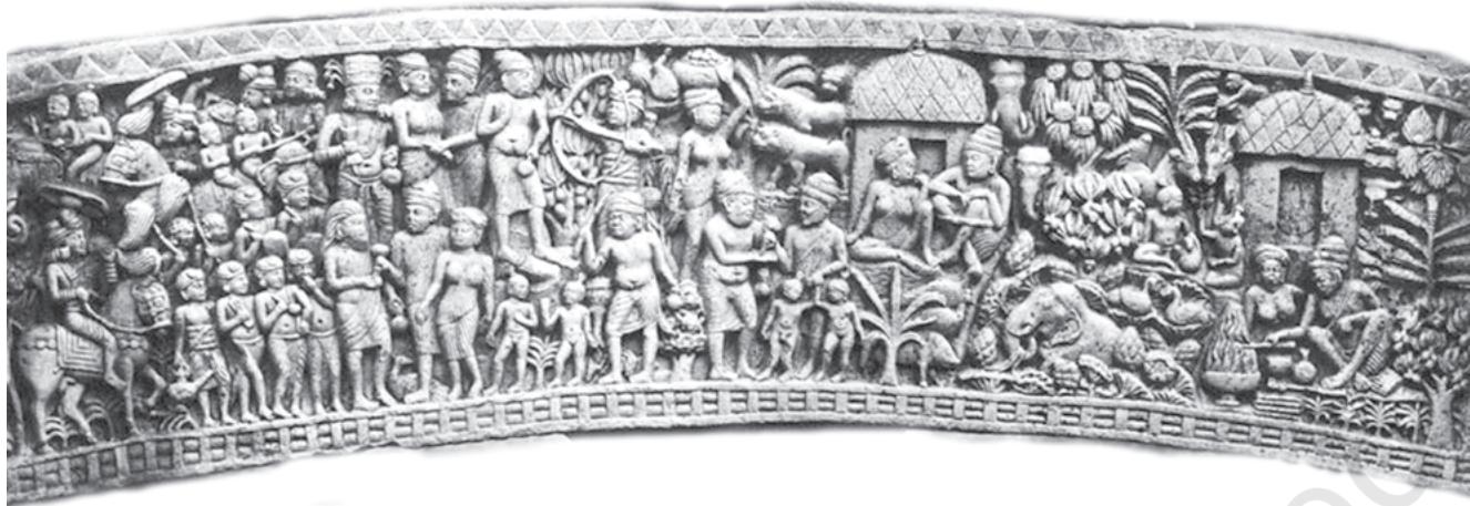 Fig. 4.13 A part of the northern gatewayFig. 4.14 (far right)
Worshipping the Bodhi tree
Notice the tree, the seat, and the people around it.
Fig. 4.15 (middle right)
Worshipping the stupa
Fig. 4.16 (below)
Setting in motion the wheel of dharma