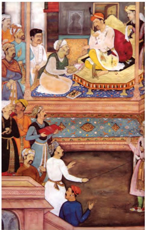 Fig. 8.14
Abu'l Fazl presenting the manuscript of the completed Akbar Nama to his patron