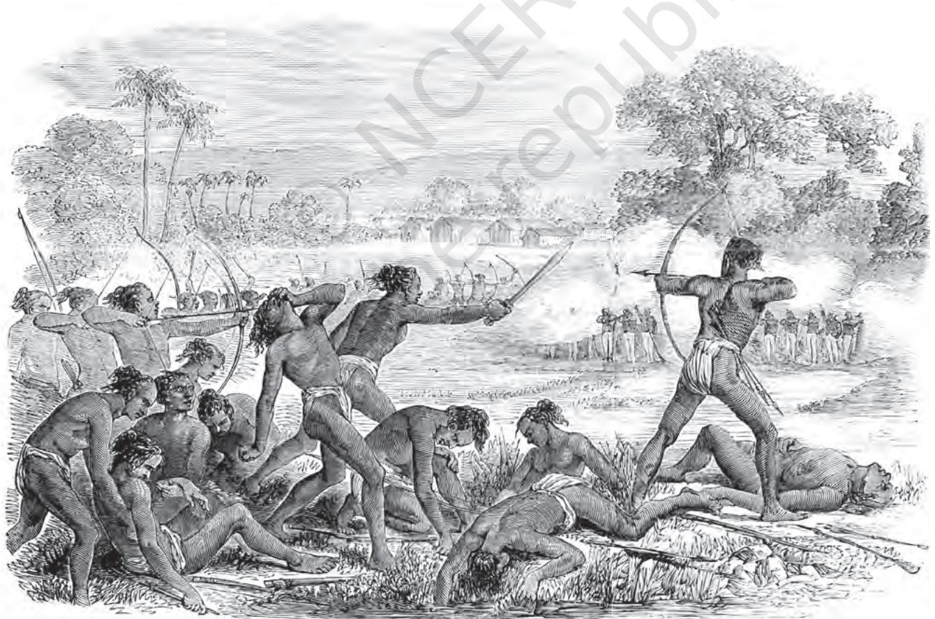 Fig. 9.12
Santhals fight the sepoys of the British Raj, Illustrated London News, 23 February 1856
The rebellion changed the British perception of the Santhals. Villages that had earlier seemed calm and peaceful (Fig. 9.10) now appeared to have become places of violent and savage deeds.