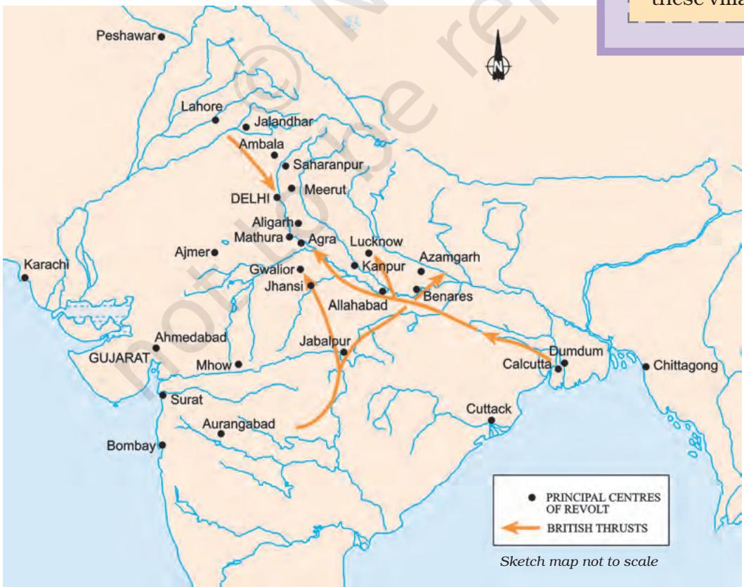 Map 2
The map shows the important centres of revolt and the lines of British attack against the rebels.