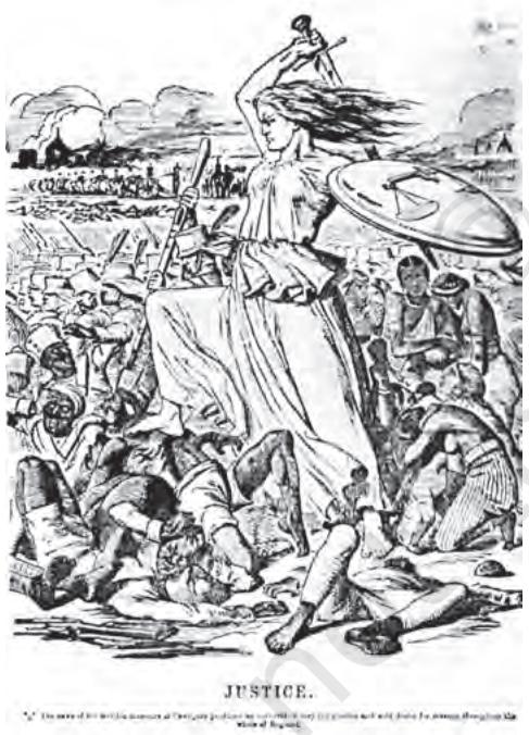 Fig. 10.13
Justice, Punch, 12 September 1857
The caption at the bottom reads “The news of the terrible massacre at Cawnpore (Kanpur) produced an outburst of fiery indignation and wild desire for revenge throughout the whole of England.”