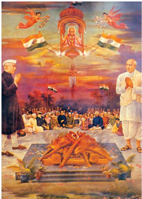Fig. 11.15
The death of the Mahatma,
a popular print
In popular representations,
Mahatma Gandhi was deified,
and shown as the unifying force
within the national movement.
Here you can see Jawaharlal
Nehru and Sardar Patel,
representing two strands within
the Congress, standing on two
sides of Gandhiji's pyre. Blessing
them both from a heavenly realm,
is Mahatma Gandhi, at the centre.